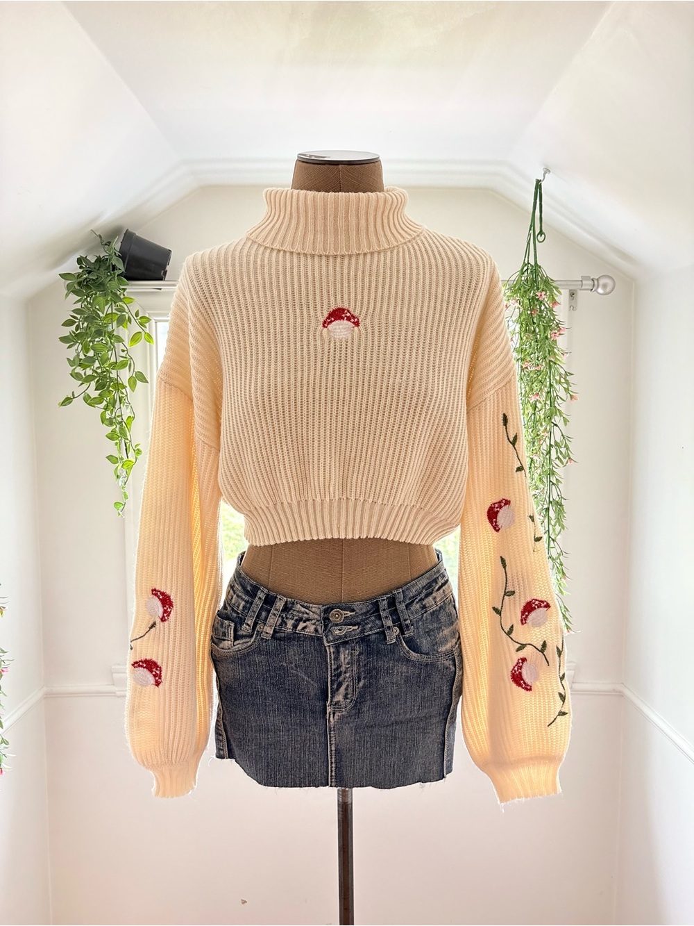Cream Turtleneck Cropped Sweater with Red Mushroom Embroidery